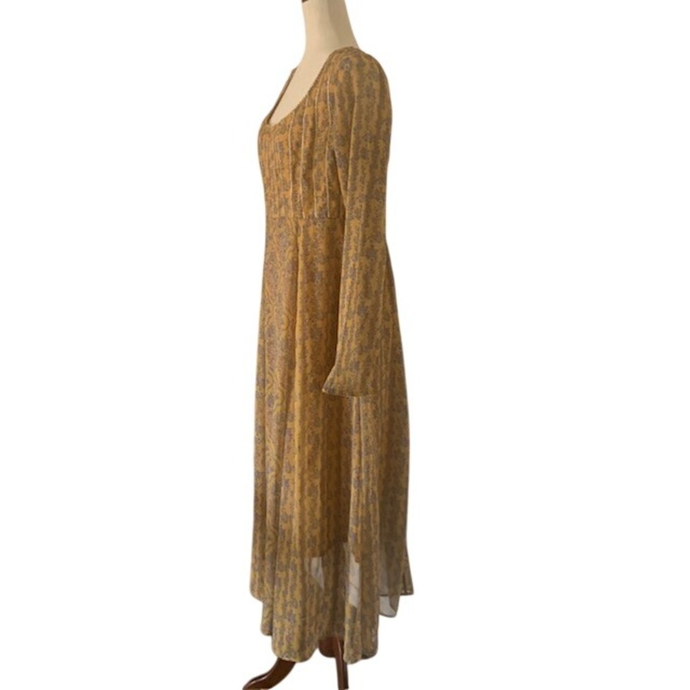 Maxi Dress L Sheer Mesh Sleeve Boho Mixed Print Designer Bling Detail Ethereal